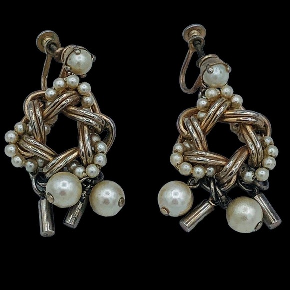Barclay Pearl Silver tone Dangle Drop Clip On Earrings Mid century Classic - Picture 8 of 11